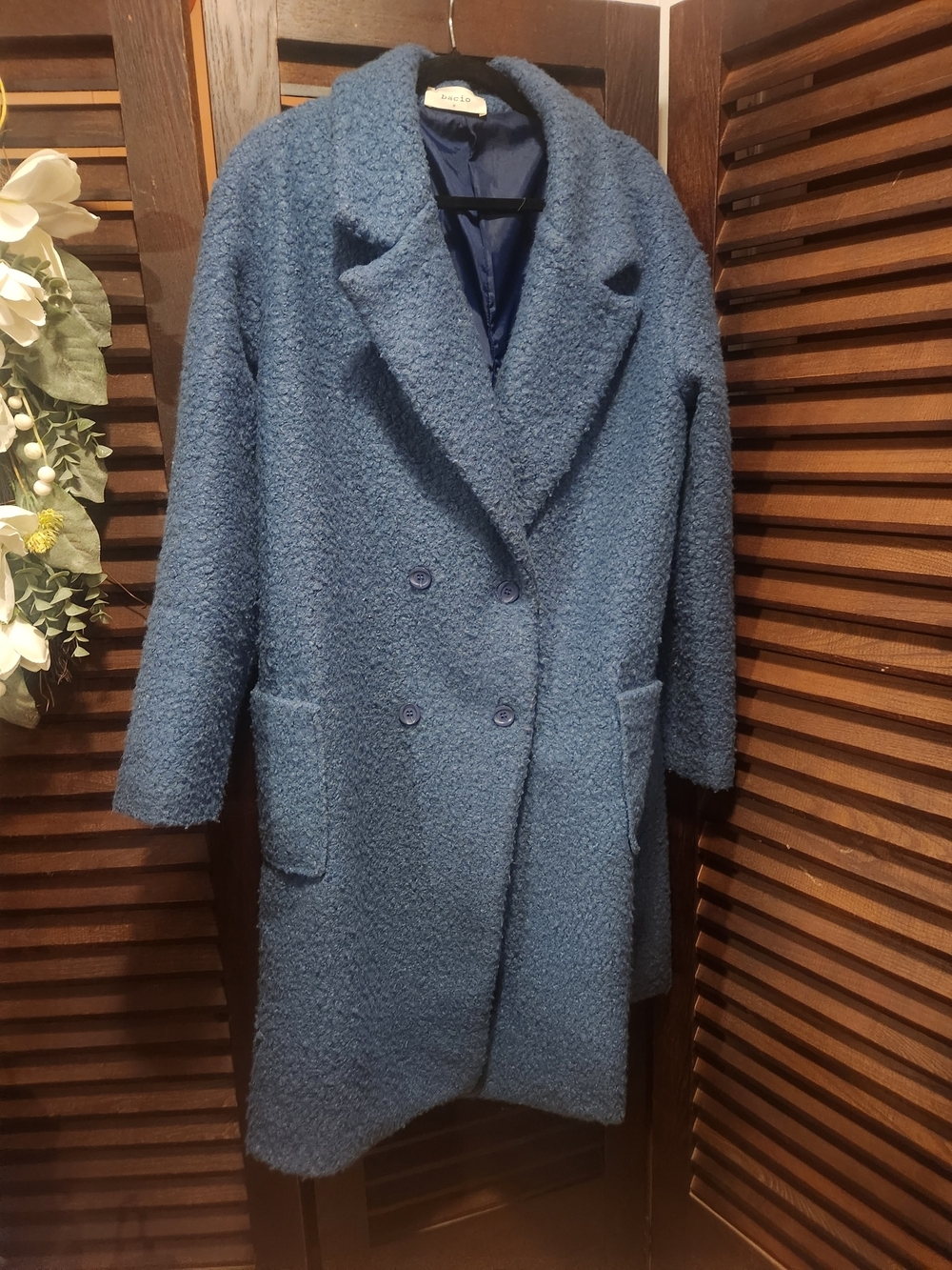 Blue Bouclé Double-Breasted Trench Coat